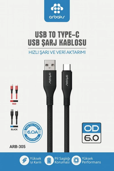 ARBAKS ARB-305 USB TO TYPE-C 6.0A HIZLI ŞARJ KABLOSU ürün görseli 1