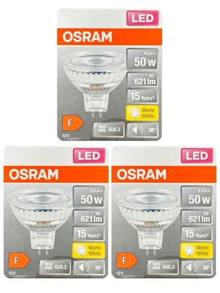 (3 Adet) Ledvance 12Volt 6,5W (50W) Sarı (2700K) GU5.3 Duylu (İğne Bacak) Led Spot Ampul ürün görseli 1