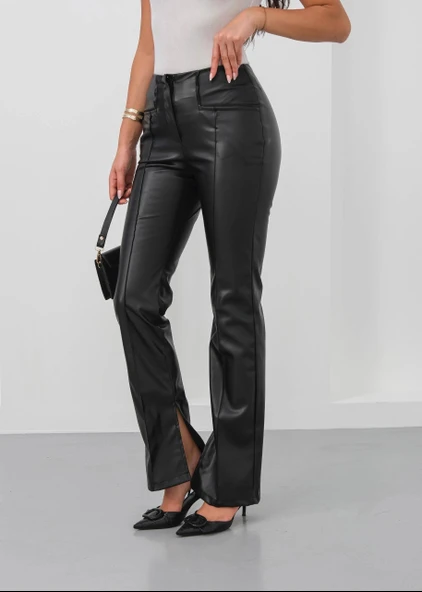 İspanyol yırtmaçlı paça deri pantolon siyah hn - Resim 5