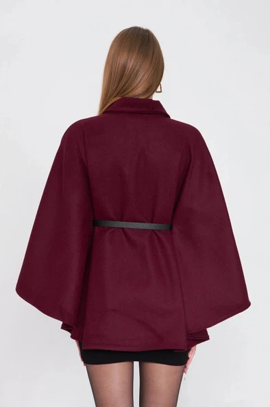 Kemerli kaşe panço bordo pt - Resim 7