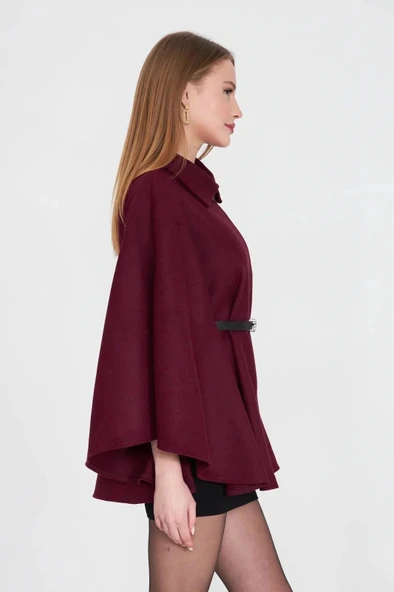 Kemerli kaşe panço bordo pt - Resim 5