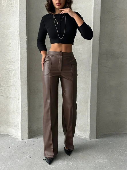 Zr deri palazzo pantolon kahve h24654 ürün görseli 1