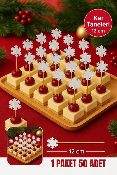 Yılbaşı Bambu Kar Taneli Kürdan 12 cm – Kokteyl, Kanepe, Pasta Süsleme 50’li Paket ürün görseli 1