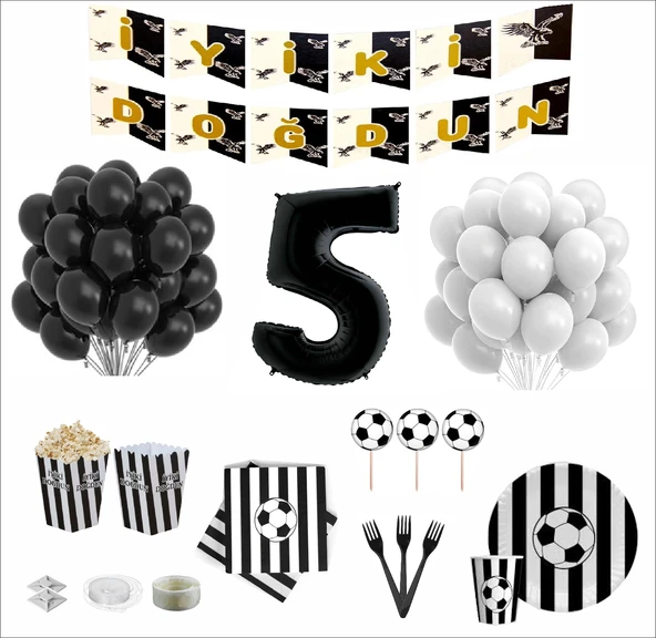 5 Yaş Taraftar Siyah Beyaz 16 Kişilik Doğum Günü Seti ürün görseli 1