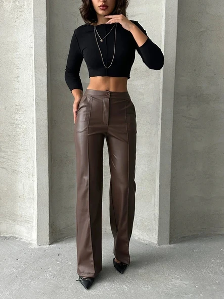 Zr deri palazzo pantolon kahve h24654 ürün görseli 1
