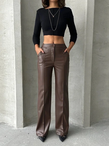 Zr deri palazzo pantolon kahve h24654 - Resim 3