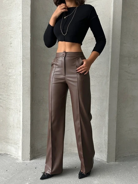 Zr deri palazzo pantolon kahve h24654 - Resim 5