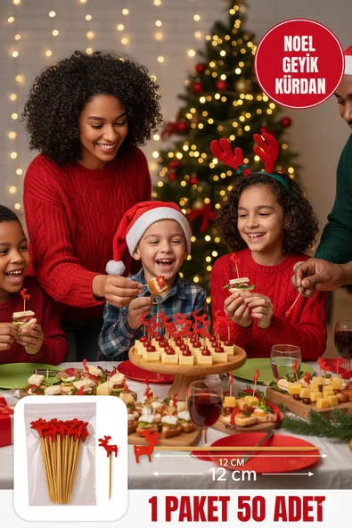 Yılbaşı Geyiği Kürdan 12 cm • 50’li Paket – Tatlı, Kanepe, Pasta Süsleme Yılbaşı Parti Kürdanı ürün görseli 1