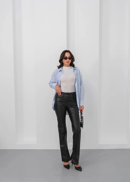 İspanyol yırtmaçlı paça deri pantolon siyah hn - Resim 3