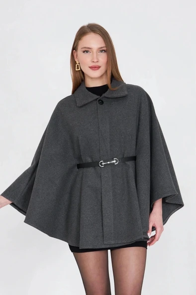 Kemerli kaşe panço antrasit pt - Resim 6