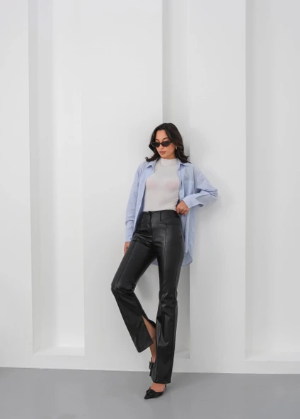 İspanyol yırtmaçlı paça deri pantolon siyah hn ürün görseli 1