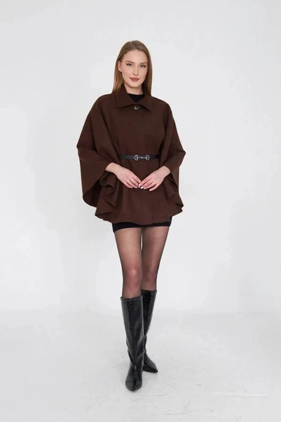 Kemerli kaşe panço kahve pt - Resim 2