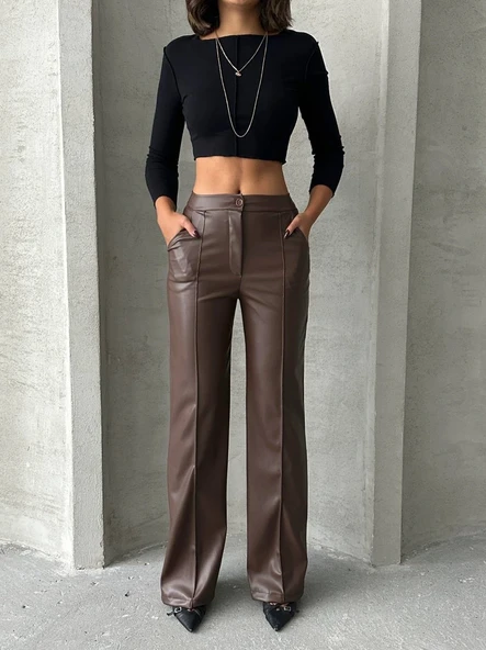 Zr deri palazzo pantolon kahve h24654 - Resim 3