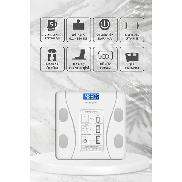 Beyaz Renk Bluetooth Özellikli Akıllı Tartı - Resim 3