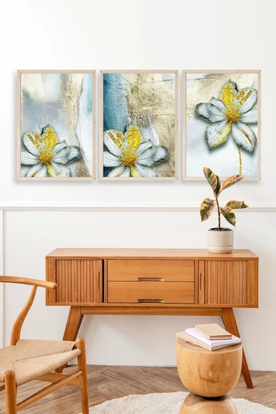 Çiçek Desenli Üçlü Ahşap Çerçeveli Tablo 30 x 42 - Resim 3