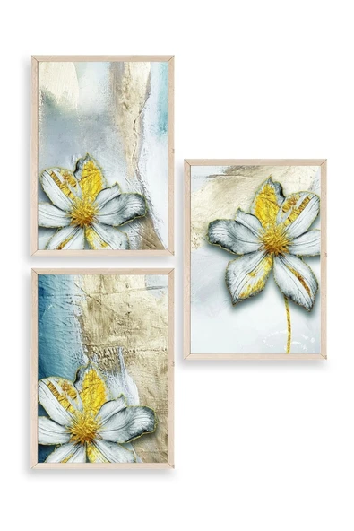 Çiçek Desenli Üçlü Ahşap Çerçeveli Tablo 30 x 42 ürün görseli 1