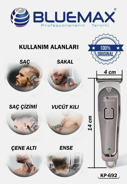 BLUEMAX KP-805 Profesyonel Saç Kesme Makinesi – Şarjlı, T-Bıçak, 120 dk Kullanım Altın Rengi - Resim 6
