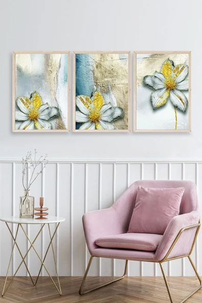 Çiçek Desenli Üçlü Ahşap Çerçeveli Tablo 30 x 42 - Resim 2