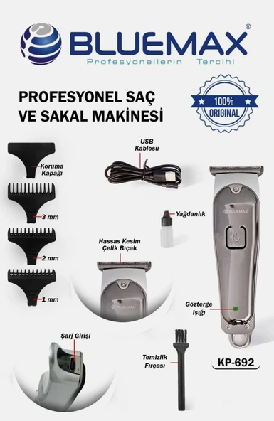 BLUEMAX KP-805 Profesyonel Saç Kesme Makinesi – Şarjlı, T-Bıçak, 120 dk Kullanım Altın Rengi - Resim 4