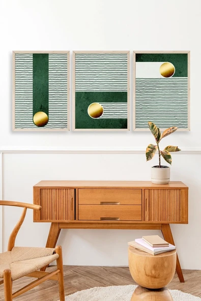 Yuvarlak Top Desenli Üçlü Ahşap Çerçeveli Tablo 17 x 23 - Resim 3