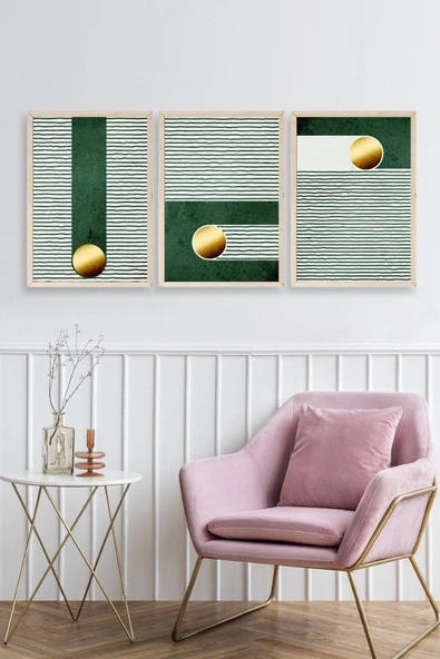 Yuvarlak Top Desenli Üçlü Ahşap Çerçeveli Tablo 17 x 23 - Resim 2