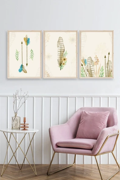 Çiçekli Desenler Üçlü Ahşap Çerçeveli Tablo 50 x 70 - Resim 2