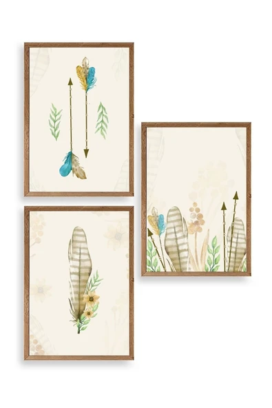 Çiçekli Desenler Üçlü Ahşap Çerçeveli Tablo 23 x 30 ürün görseli 1