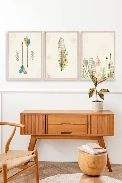 Çiçekli Desenler Üçlü Ahşap Çerçeveli Tablo 50 x 70 - Resim 3