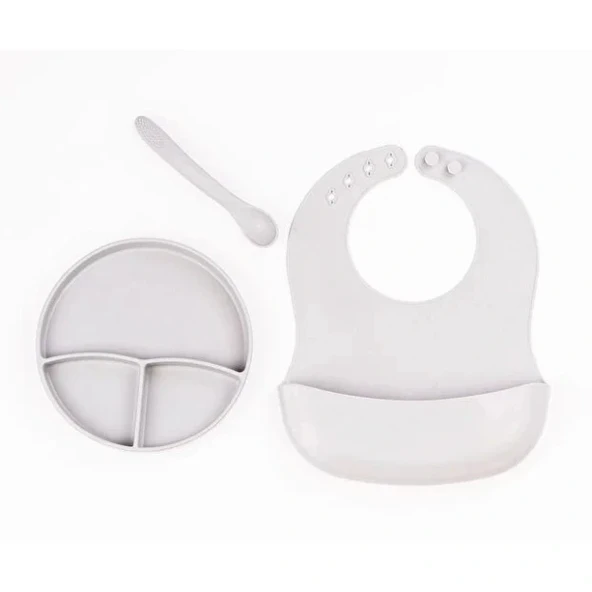 Gri 3’lü Silikon Yemek Seti – Önlük + Diş Kaşıyıcılı Kaşık + Vakumlu Tabak ürün görseli 1