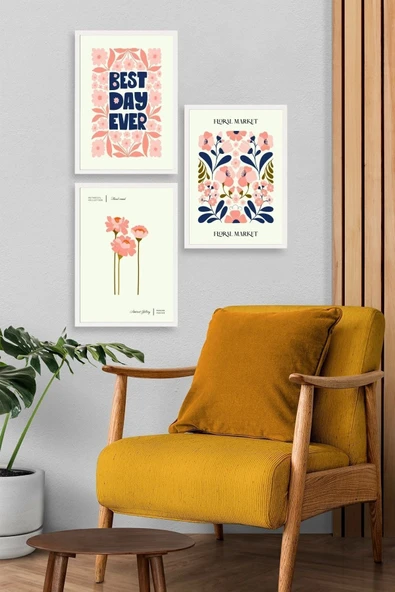 Flower Market Üçlü Ahşap Çerçeveli Tablo 50 x 70 - Resim 3