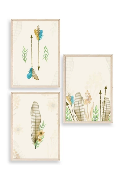 Çiçekli Desenler Üçlü Ahşap Çerçeveli Tablo 50 x 70 ürün görseli 1