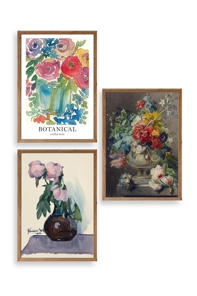 Çiçek Üçlü Ahşap Çerçeveli Tablo 50 x 70 ürün görseli 1