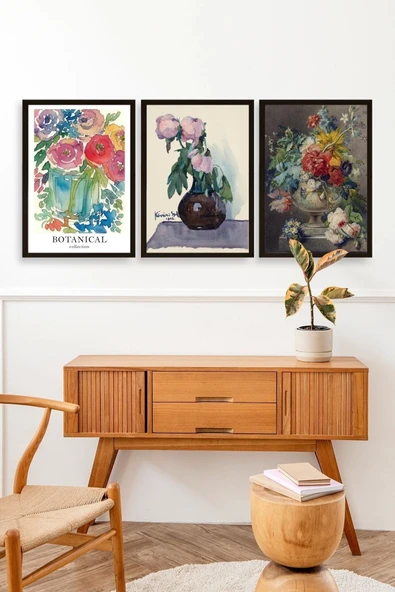 Çiçek Üçlü Ahşap Çerçeveli Tablo 23 x 30 - Resim 2