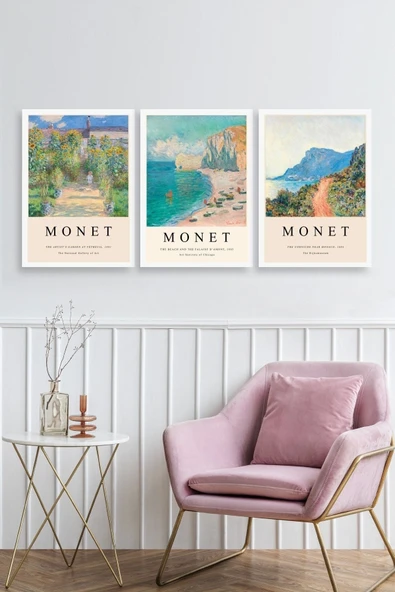 Monet Üçlü Ahşap Çerçeveli Tablo 30 x 40 - Resim 2