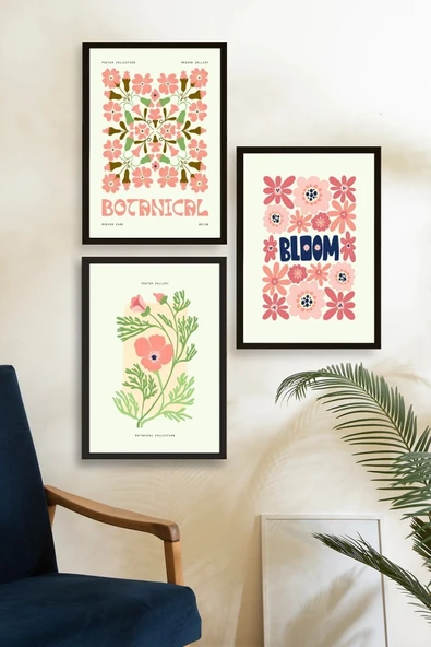 Botanik Üçlü Ahşap Çerçeveli Tablo 23 x 30 - Resim 2