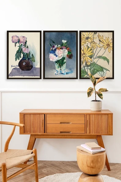 Vazodaki Çiçekler Üçlü Ahşap Çerçeveli Tablo 30 x 40 - Resim 3