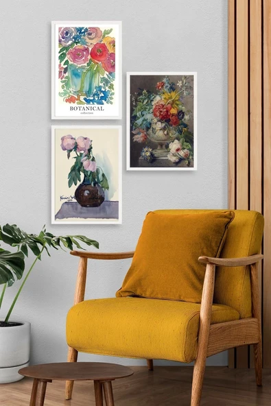 Çiçek Üçlü Ahşap Çerçeveli Tablo 40 x 60 - Resim 3