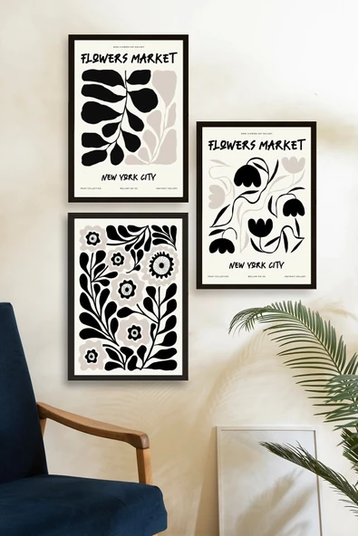 Flower Market Üçlü Ahşap Çerçeveli Tablo 50 x 70 - Resim 2