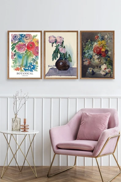 Çiçek Üçlü Ahşap Çerçeveli Tablo 50 x 70 - Resim 2
