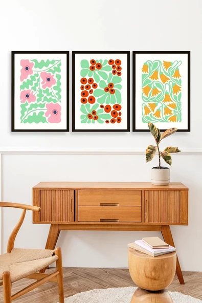 Çiçekler Üçlü Ahşap Çerçeveli Tablo 50 x 70 - Resim 3