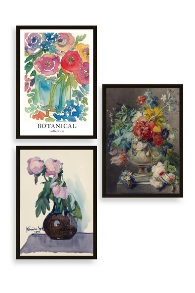 Çiçek Üçlü Ahşap Çerçeveli Tablo 30 x 40 ürün görseli 1