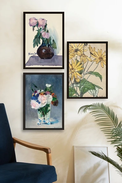 Vazodaki Çiçekler Üçlü Ahşap Çerçeveli Tablo 30 x 40 - Resim 2