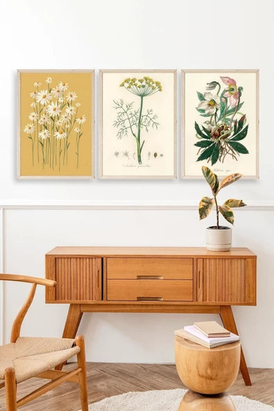 Çiçek Üçlü Ahşap Çerçeveli Tablo 23 x 30 - Resim 3