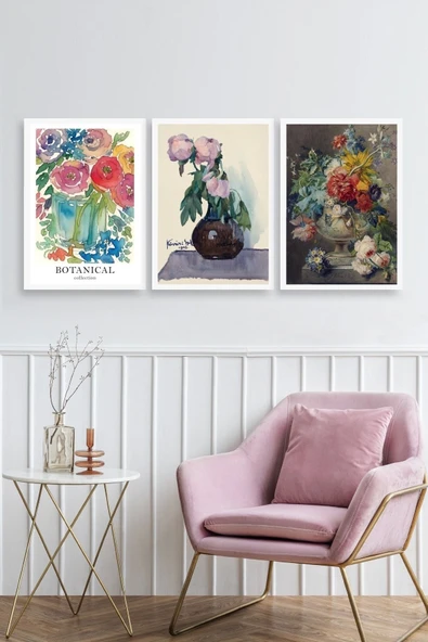 Çiçek Üçlü Ahşap Çerçeveli Tablo 40 x 60 ürün görseli 1