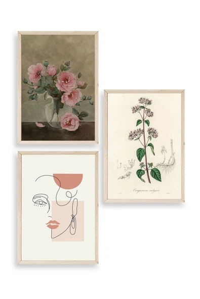 Çiçek Üçlü Ahşap Çerçeveli Tablo 50 x 70 ürün görseli 1