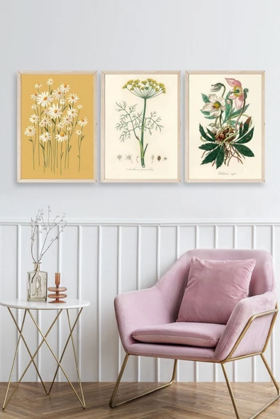 Çiçek Üçlü Ahşap Çerçeveli Tablo 23 x 30 - Resim 2