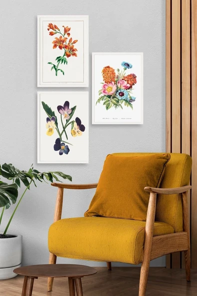 Çiçek Üçlü Ahşap Çerçeveli Tablo 23 x 30 - Resim 3