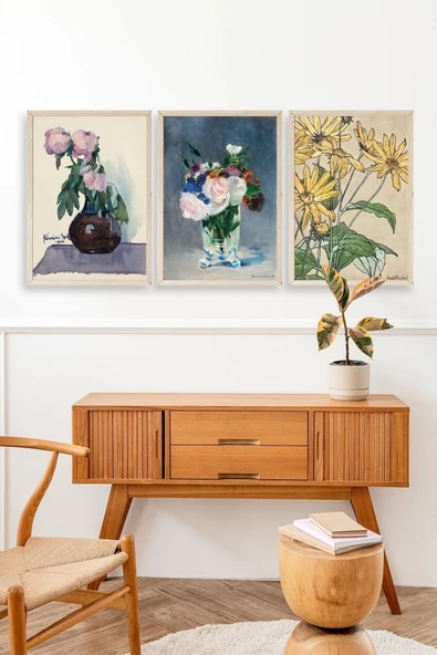 Vazodaki Çiçekler Üçlü Ahşap Çerçeveli Tablo 30 x 40 - Resim 3