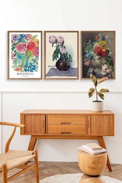 Çiçek Üçlü Ahşap Çerçeveli Tablo 50 x 70 - Resim 3
