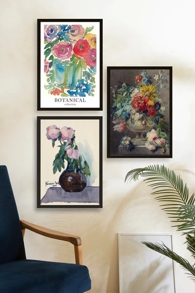 Çiçek Üçlü Ahşap Çerçeveli Tablo 30 x 40 - Resim 3